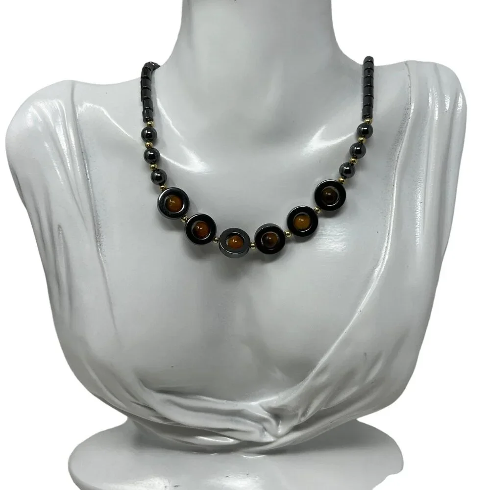 Hematite Necklace Black Natural Stone Caged Yellow Orange‎ Beads Gold Tone Beads